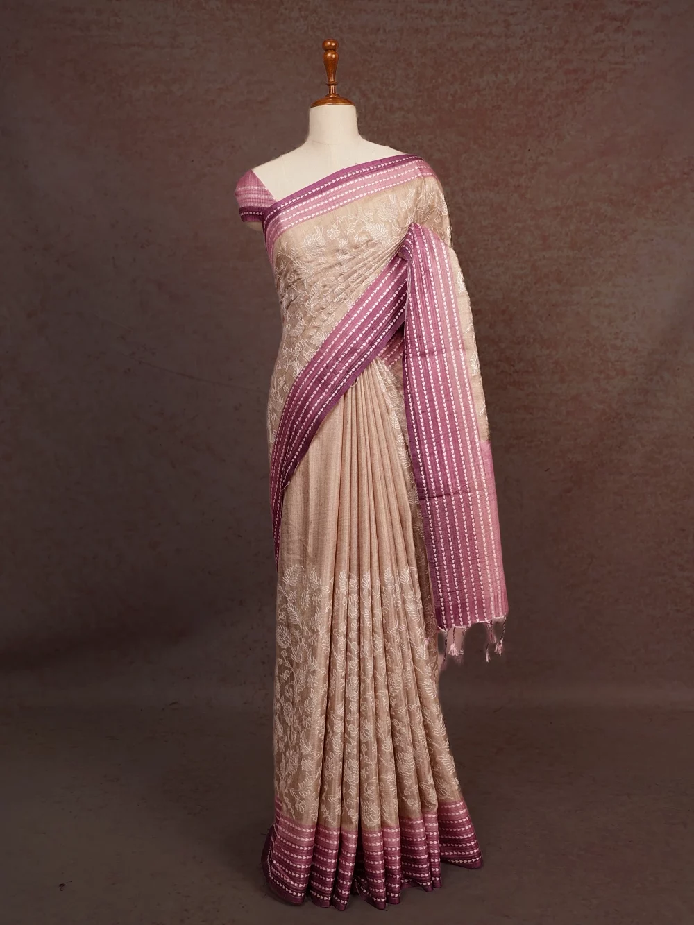Cream Semi Soft Tussar Saree