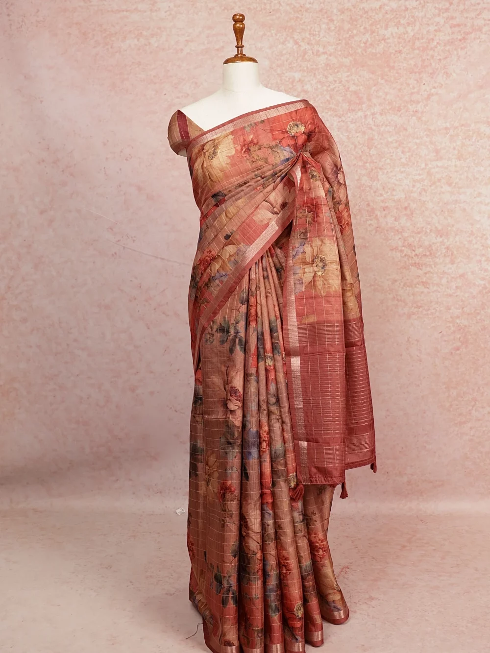Onion Colour Semi Tussar Saree