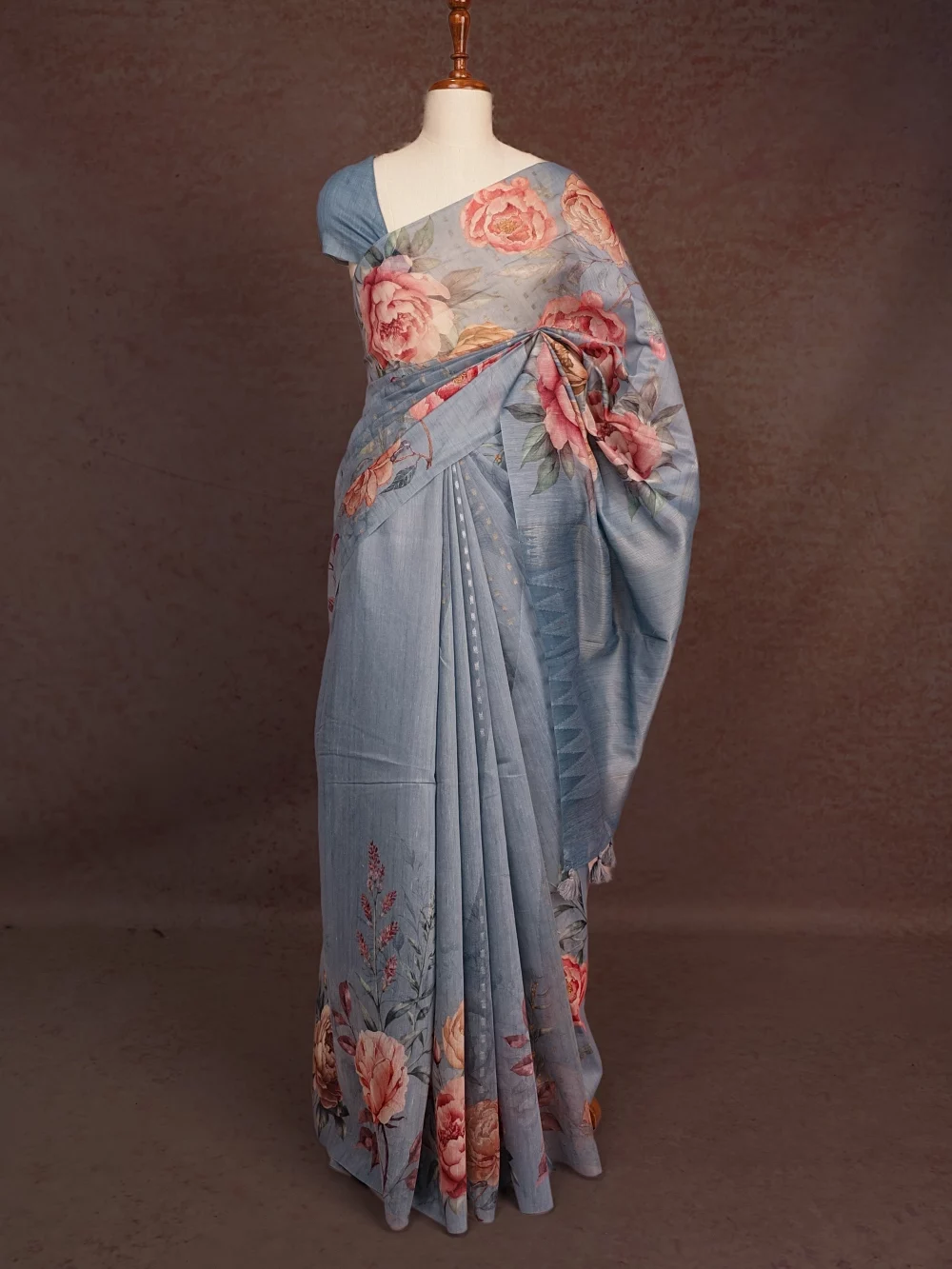 Pastel Steel Blue Semi Linen Saree