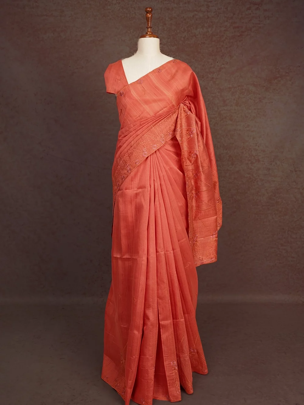 Dark Peach Semi Tussar Saree