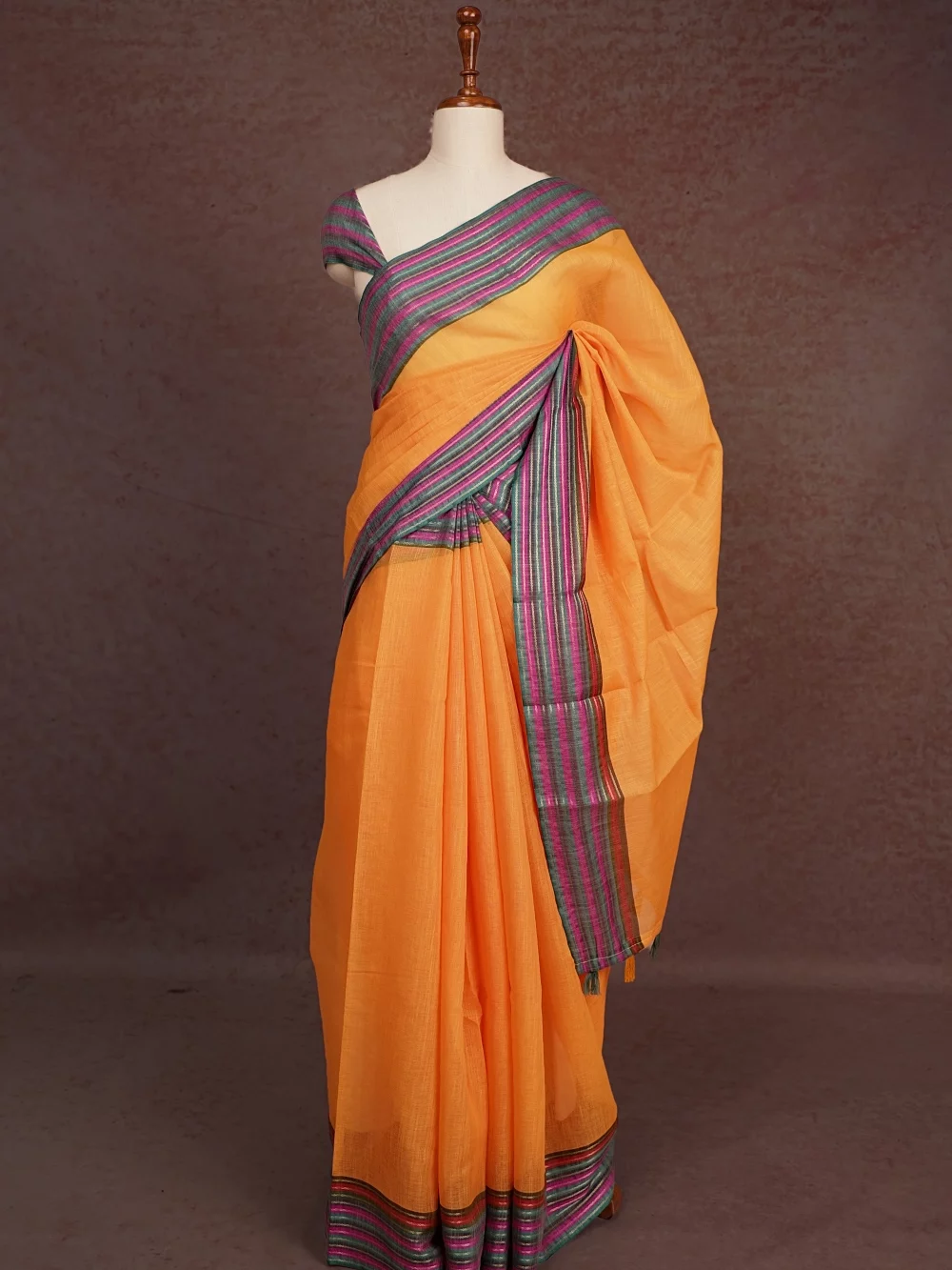 Orange Semi Linen Saree
