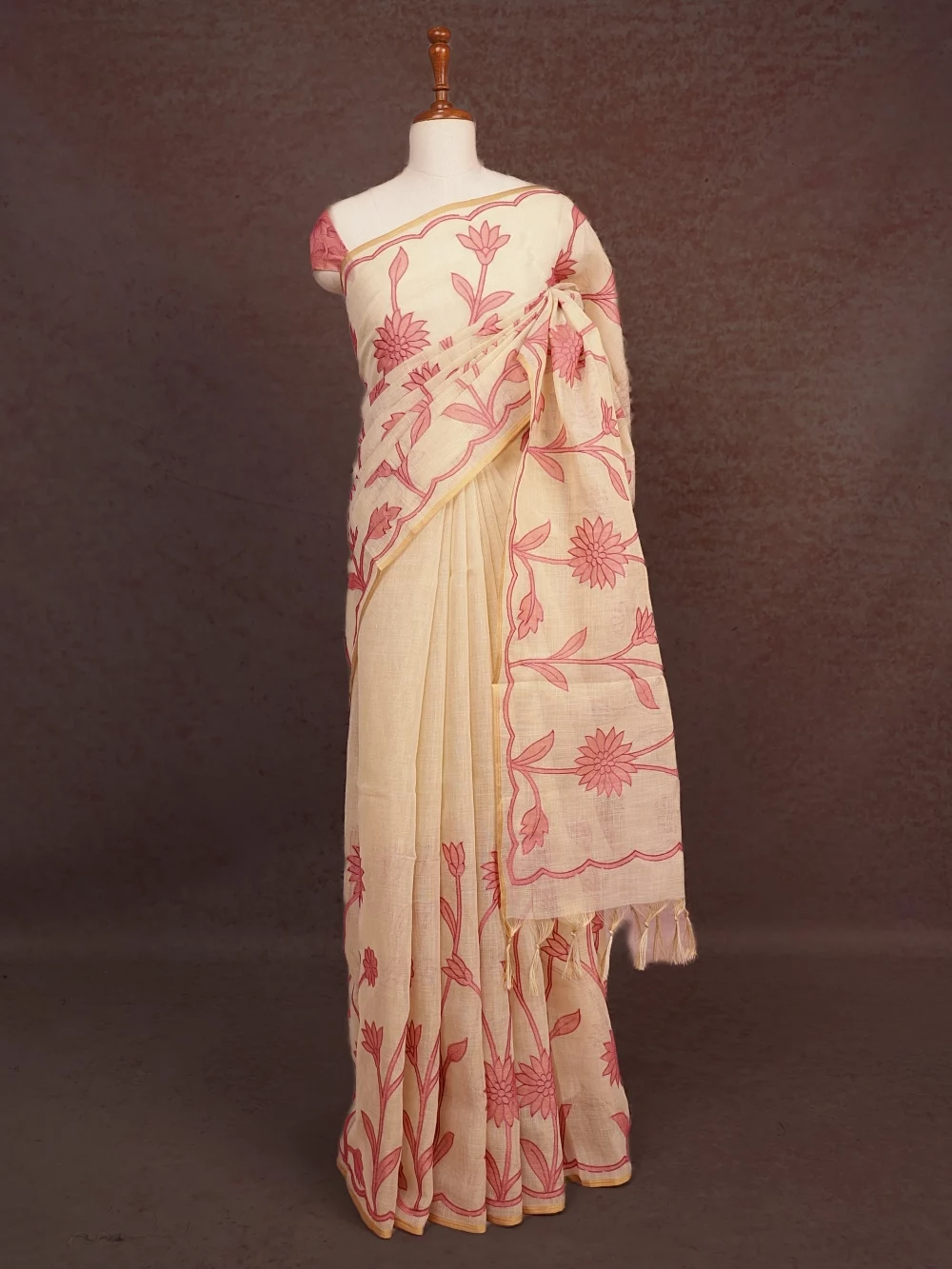 Cream Semi Linen Saree