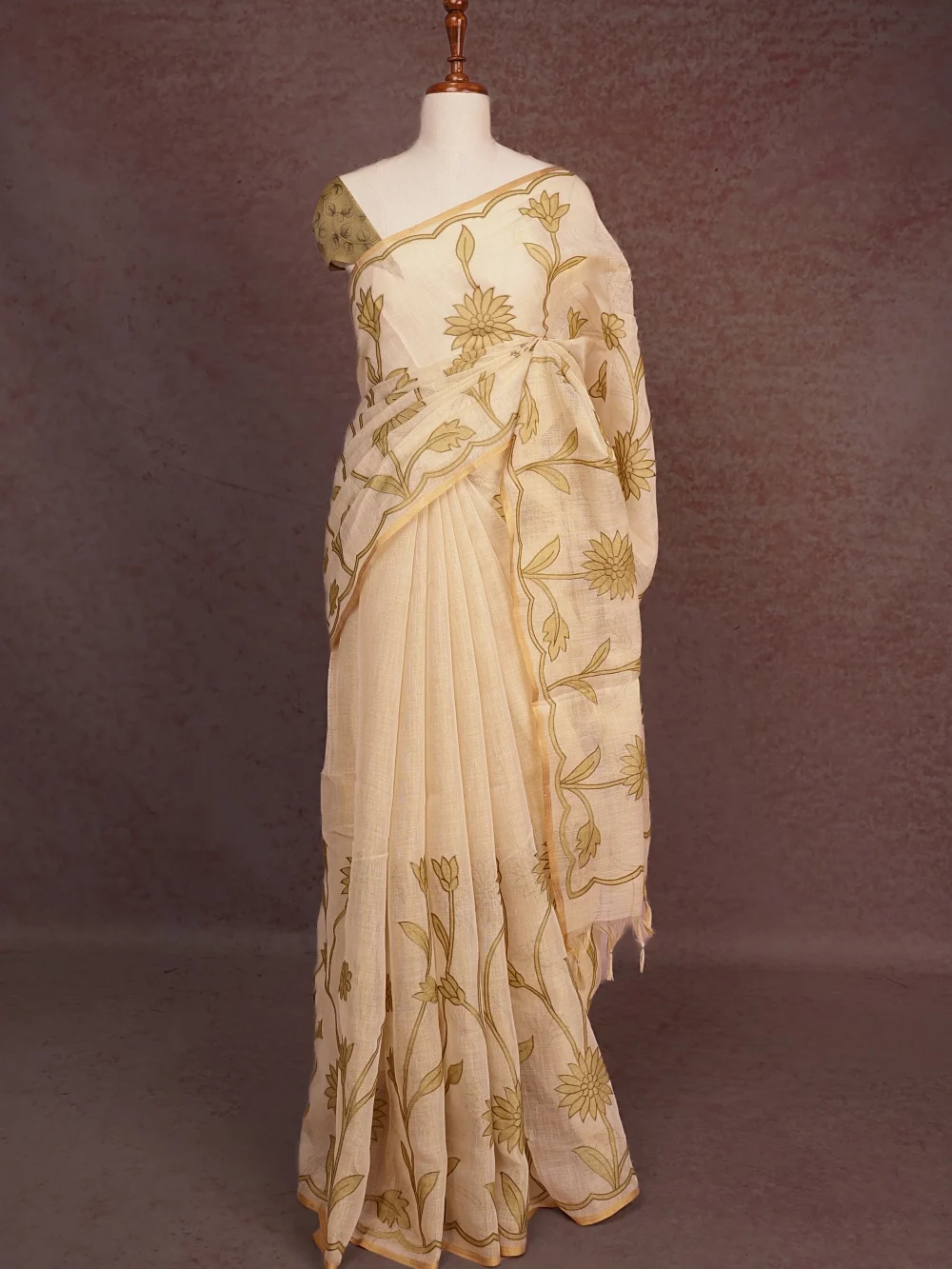 Cream Linen Tissue Saree