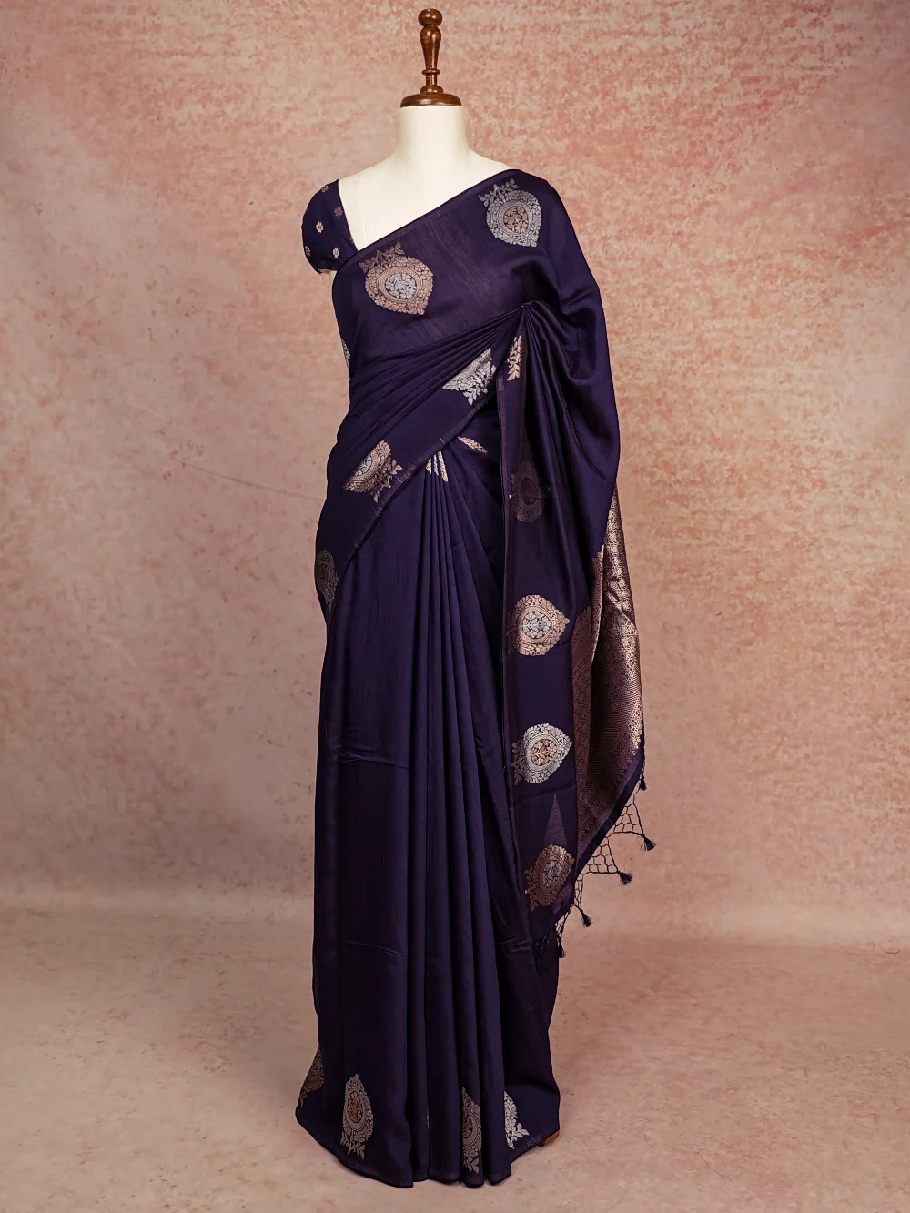 Navy Blue Semi Banarasi Saree