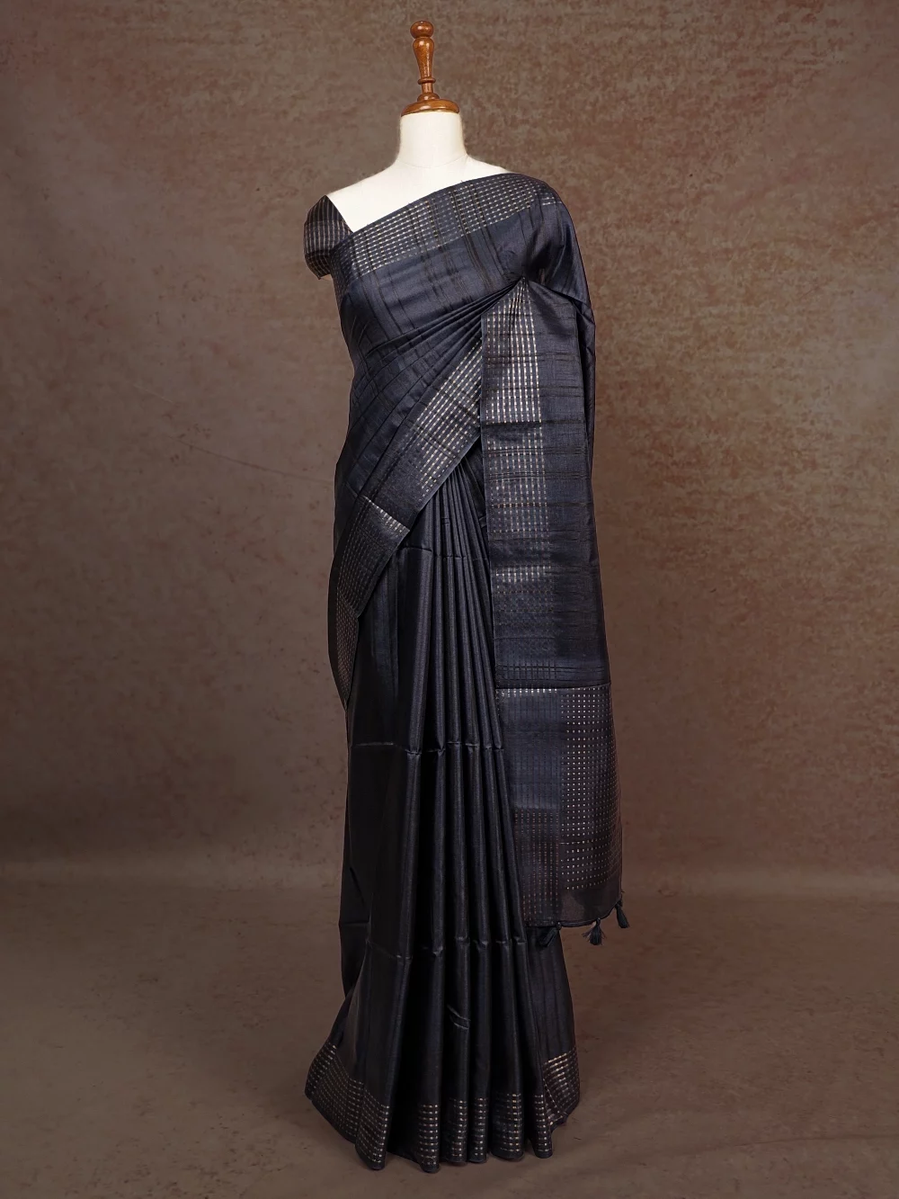 Dark Navy Blue Tussar Silk Saree