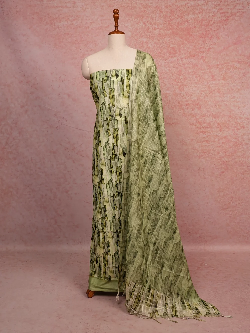 Light Green Semi Tussar Printed Unstitched Churidhar Material