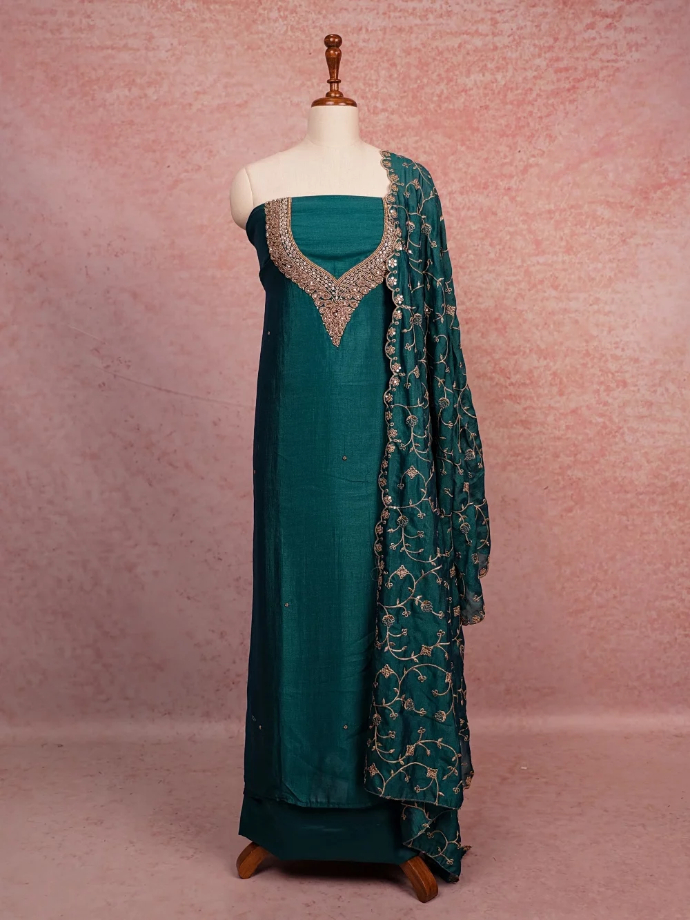 Dark Green Vichitra Silk Beads Work Unstitched Churidhar Material