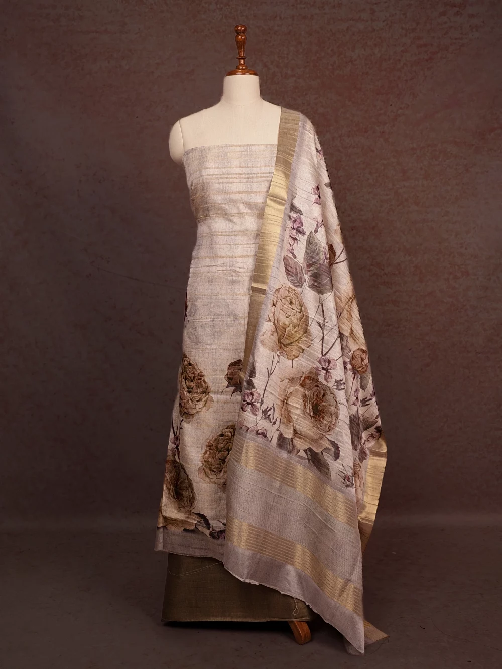 Cream Semi Tussar Floral Printed Unstitched Churidhar Material