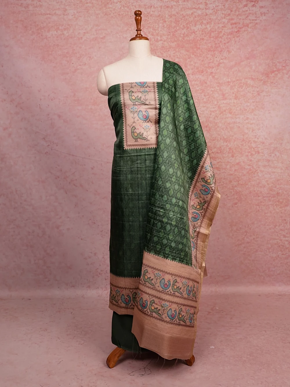 Green Semi Tussar Printed Unstitched Churidhar Material