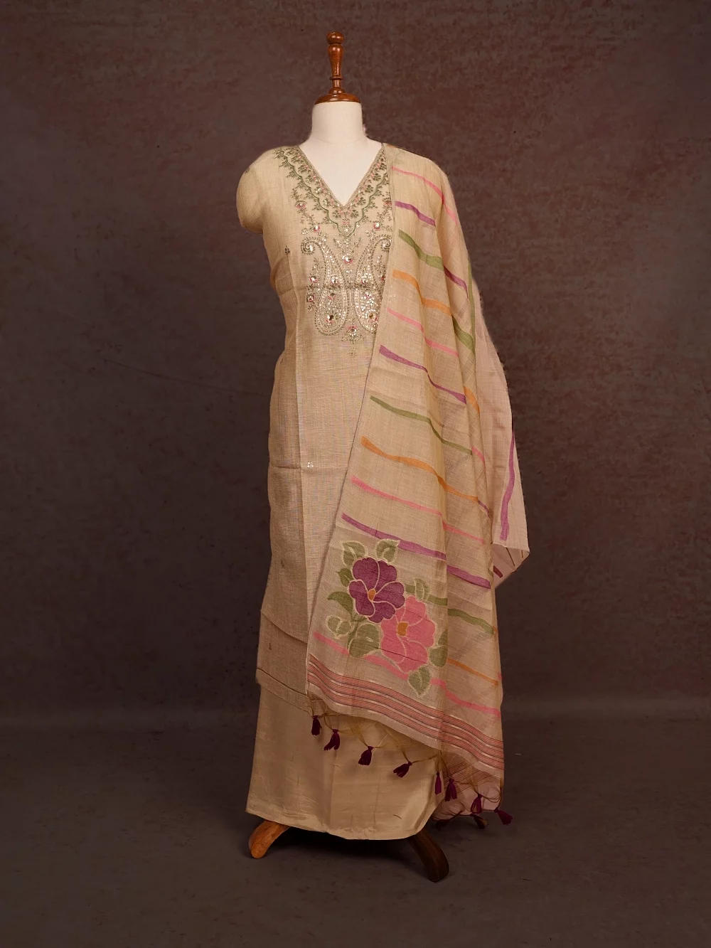 Cream Semi Chanderi Sequines Work Unstitched Churidhar Material
