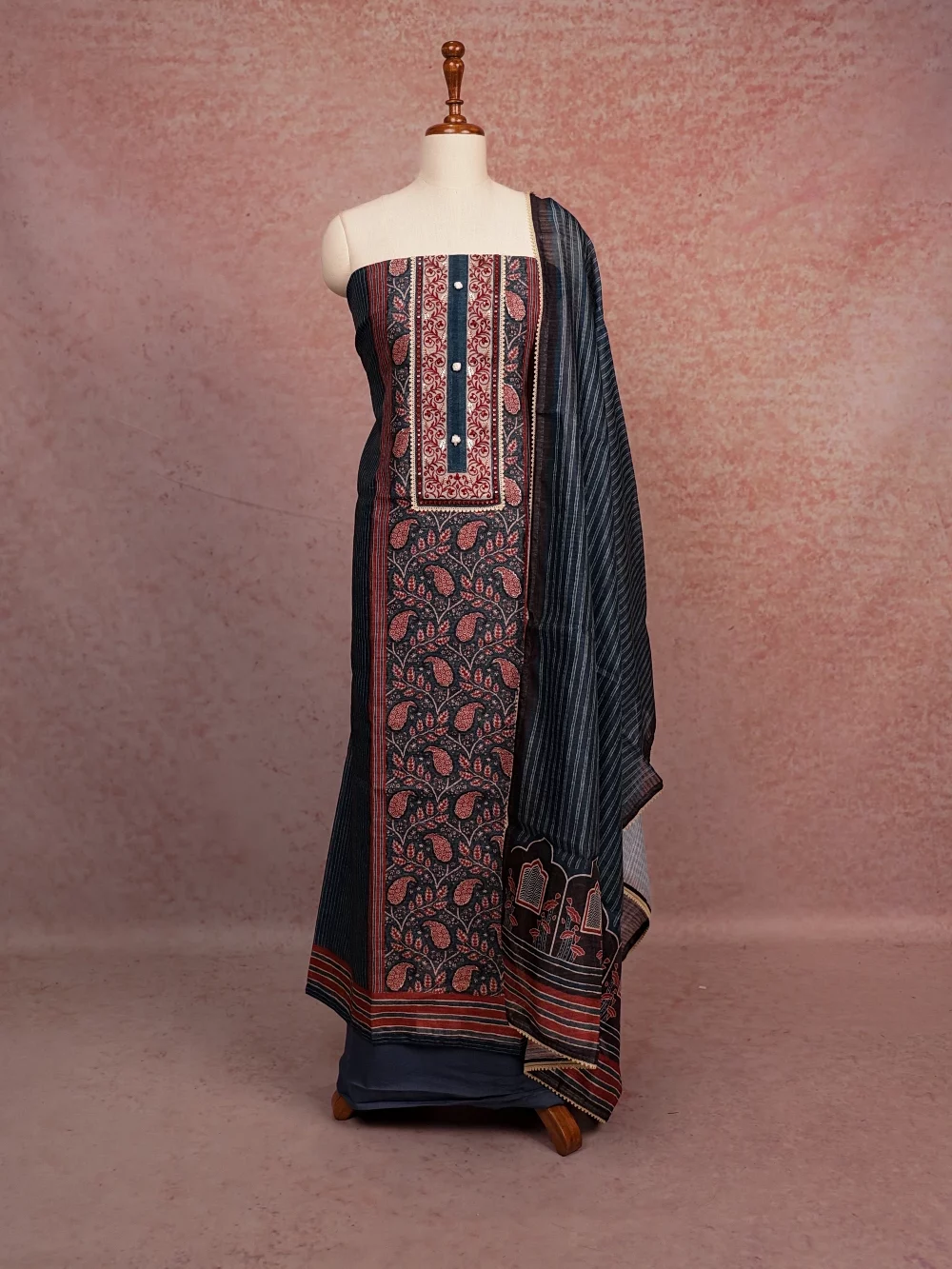 Blue Semi Tussar Embroidary Unstitched Churidhar Material