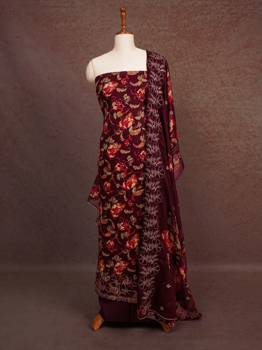Wine Red Cotton Applic Work Unstitched Churidhar Material