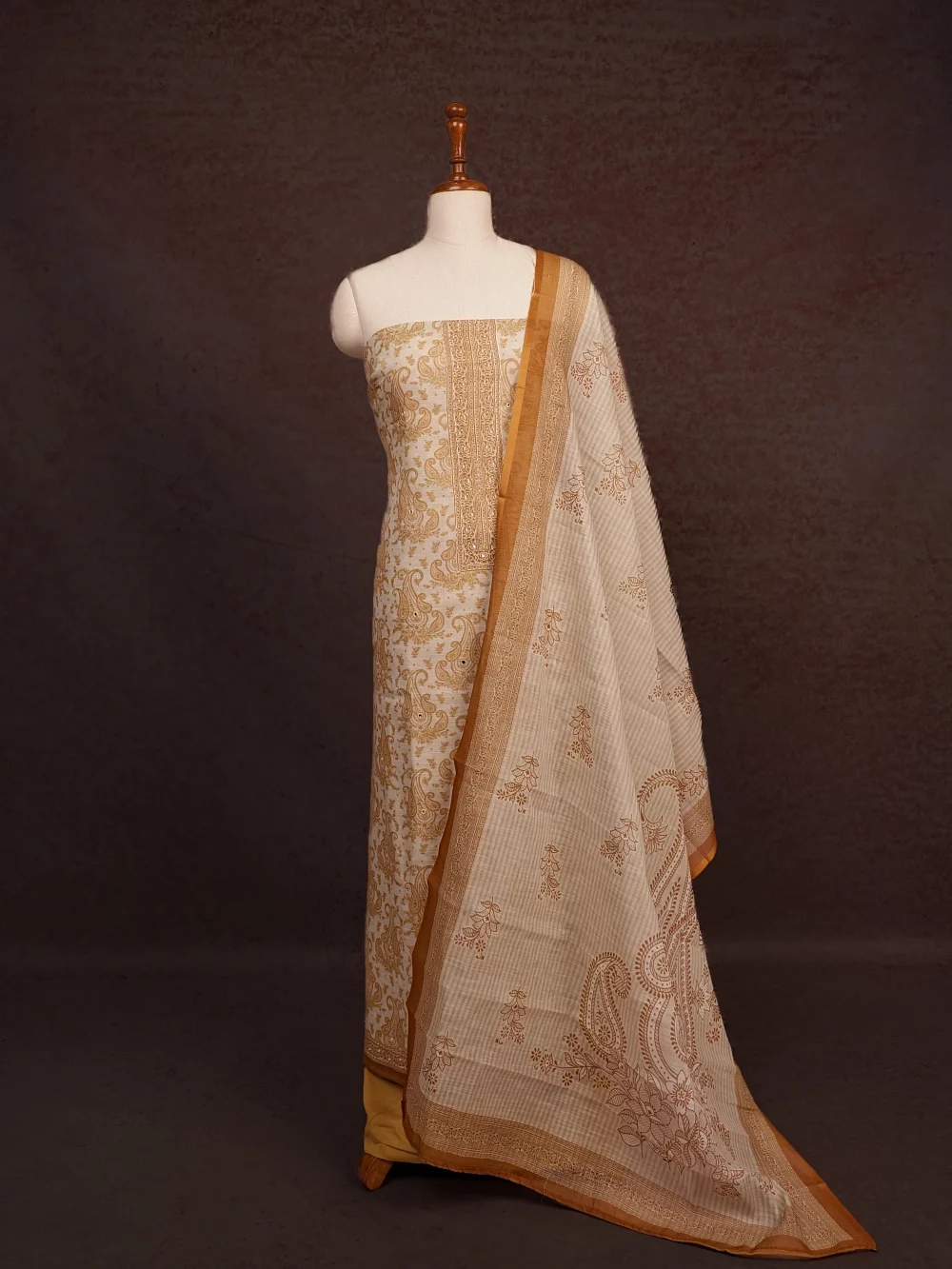 Cream Cotton Printed Unstitched Churidhar Material