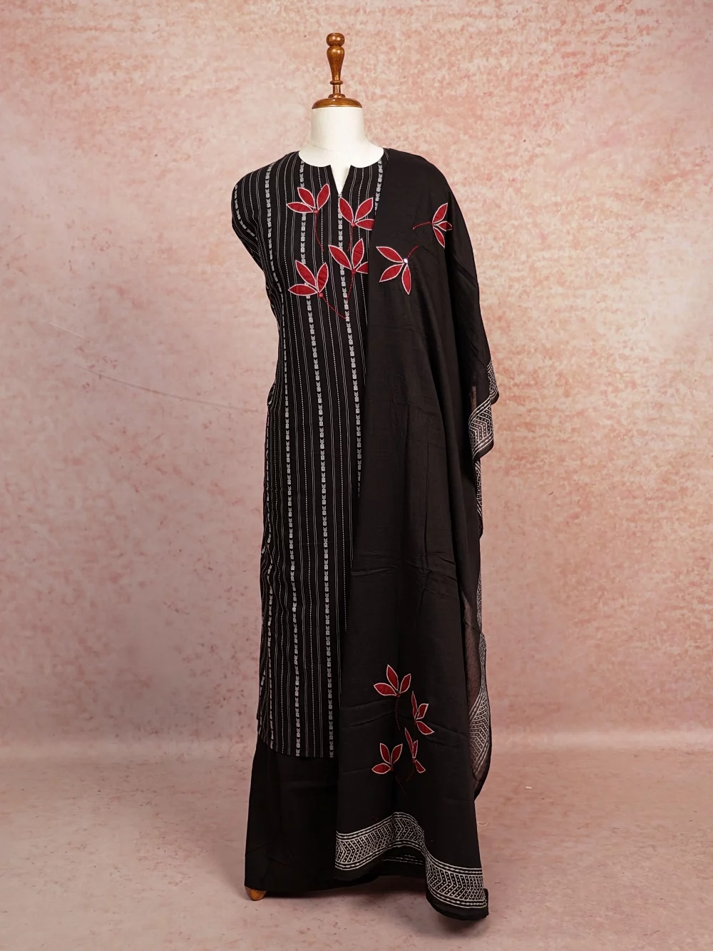 Black Cotton Applic Work Unstitched Churidhar Material