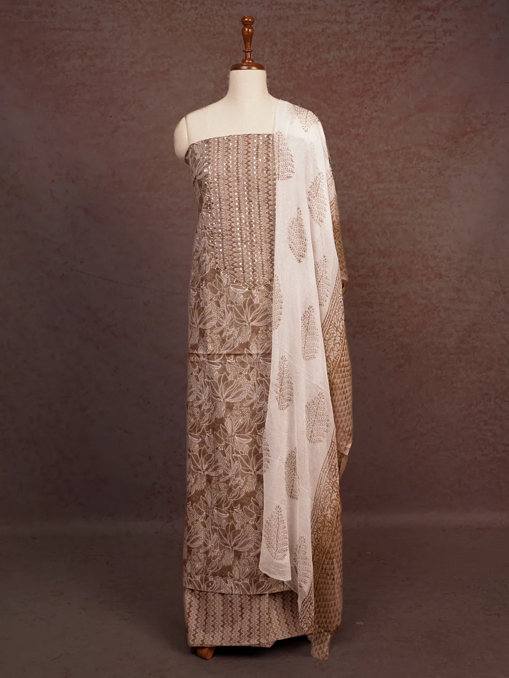 Light Brown Cotton Printed Unstitched Churidhar Material