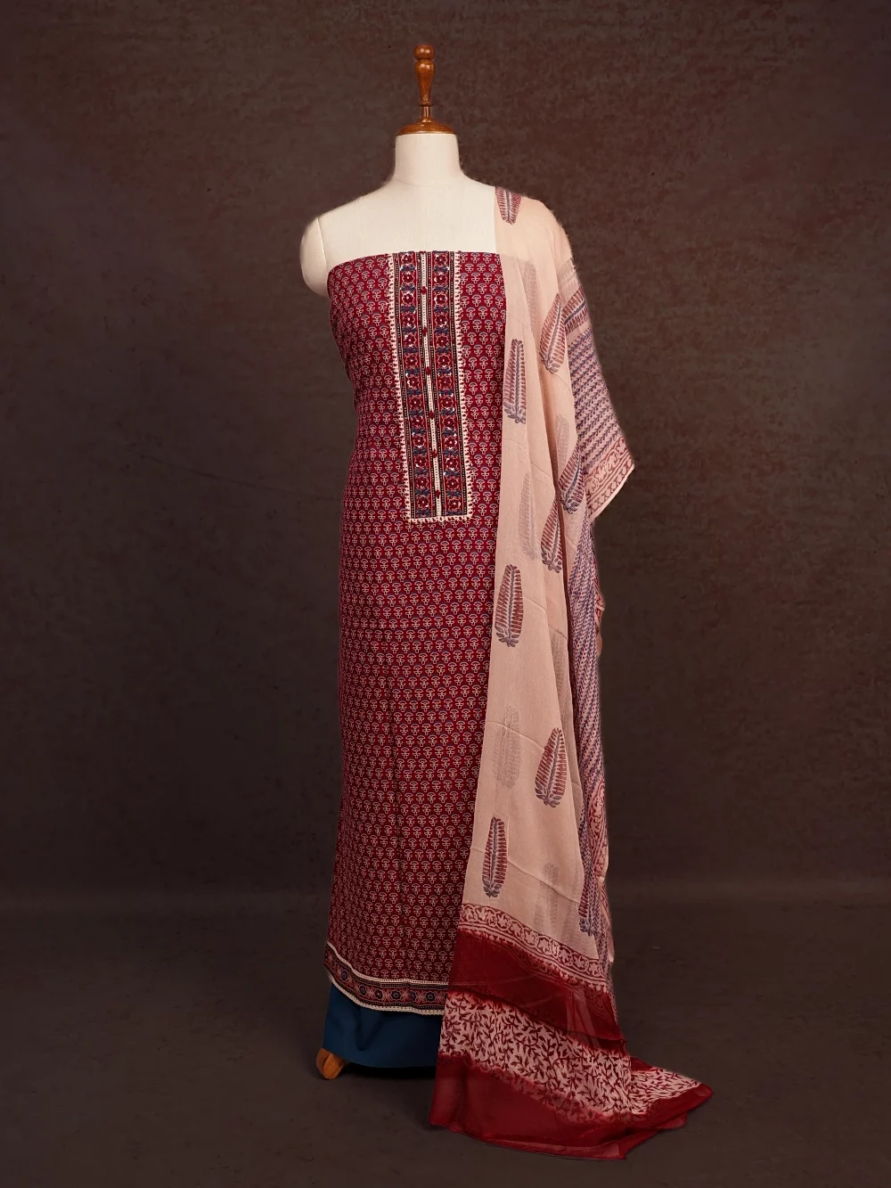 Maroon Cotton Printed Unstitched Churidhar Material