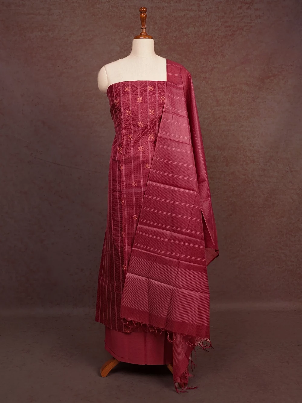 Dark Onion Pink Semi Tussar Embroidery Unstitched Churidhar Material
