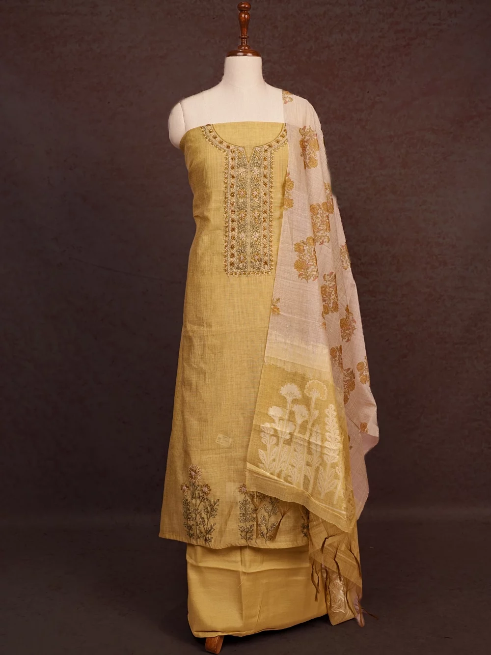 Light Yellow Chanderi Silk Thread Work Unstitched Churidhar Material