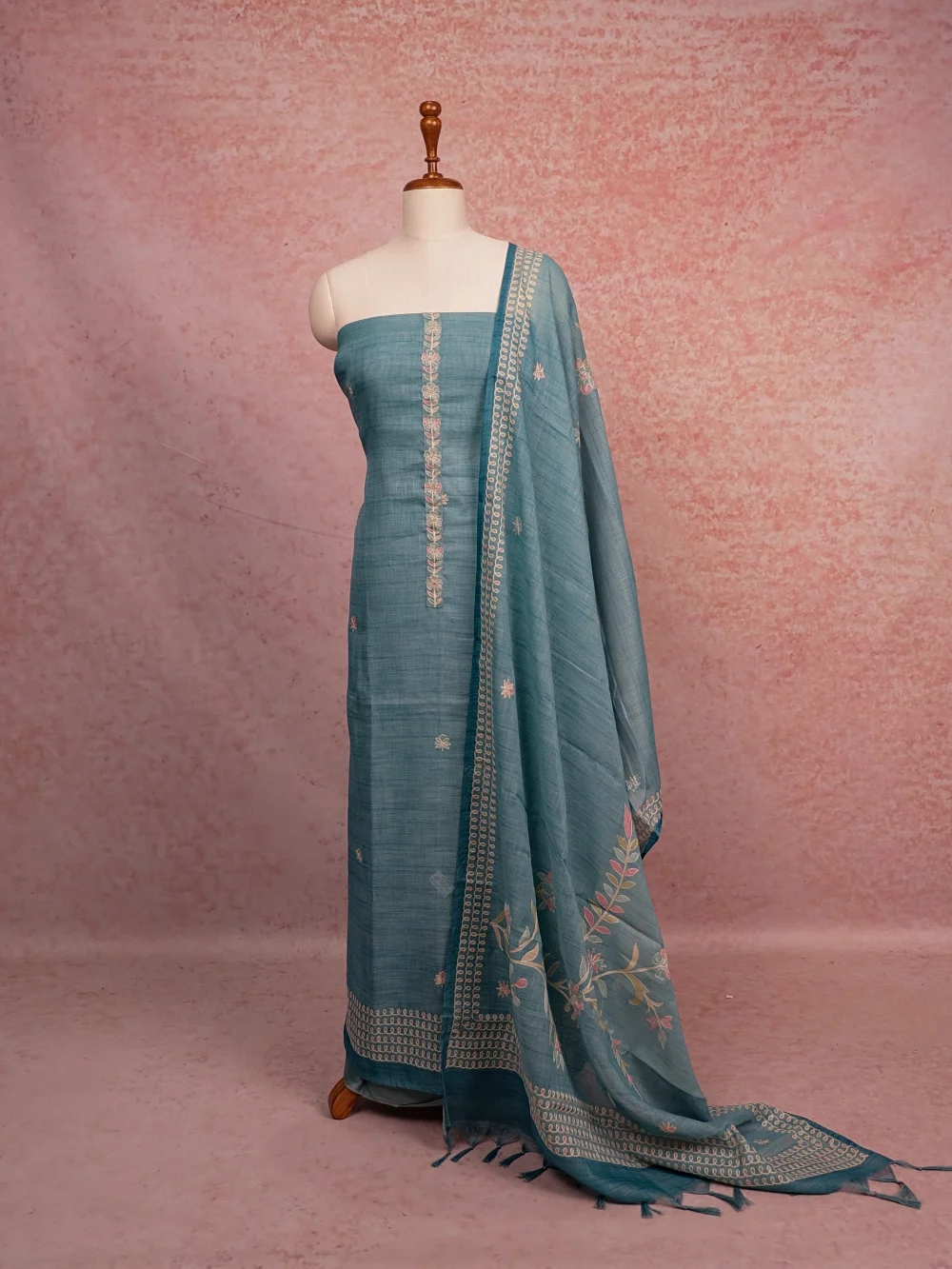 Light Blue Linen Embroidery Unstitched Churidhar Material