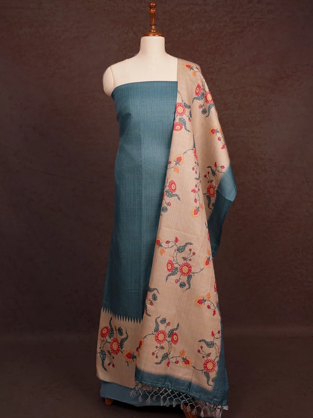 Greyish Blue Semi Tussar Printed Unstitched Churidhar Material