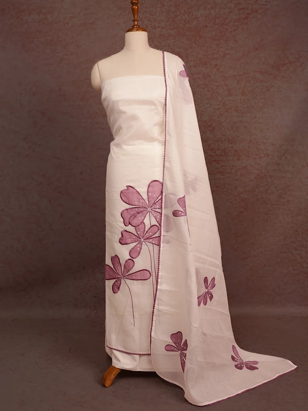 White Kota Applic Work Unstitched Churidhar Material