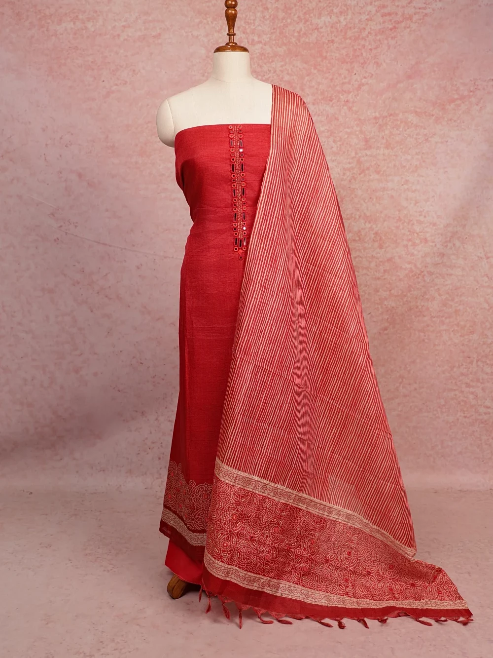 Red Semi Tussar Mirror Work Unstitched Churidhar Material