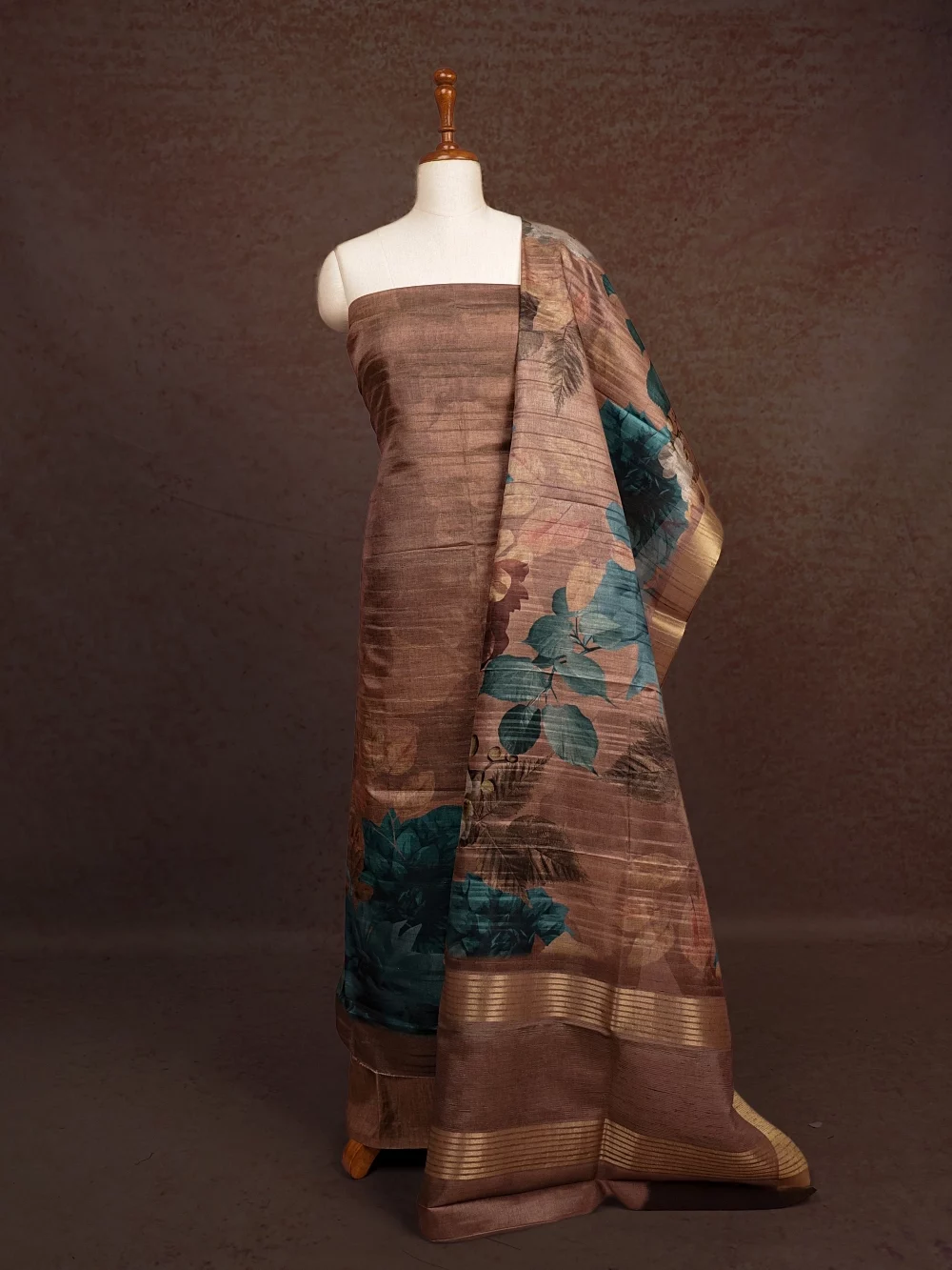 Chocolate Semi Tussar Floral Design Unstitched Churidhar Material
