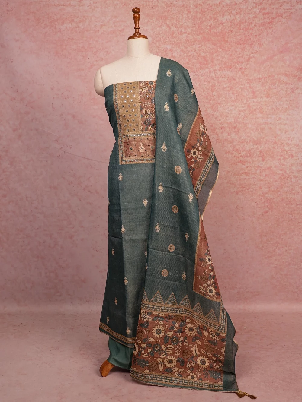 Greyish Black Tissue Printed With Glass Work Unstitched Churidhar Material