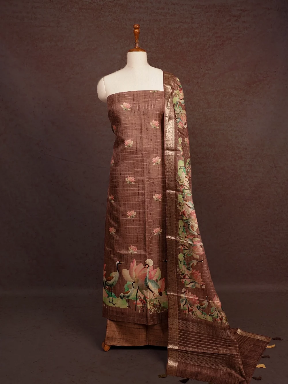 Coffee Brown Semi Tussar Printed Unstitched Churidhar Material