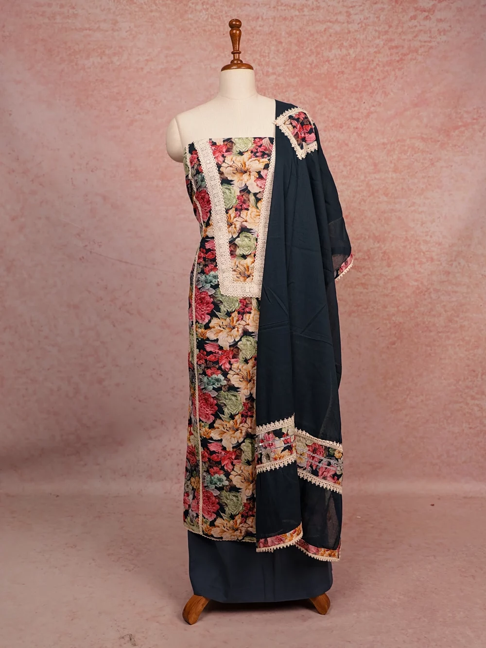 Dark Ash Cotton Floral Printed Unstitched Churidhar Material