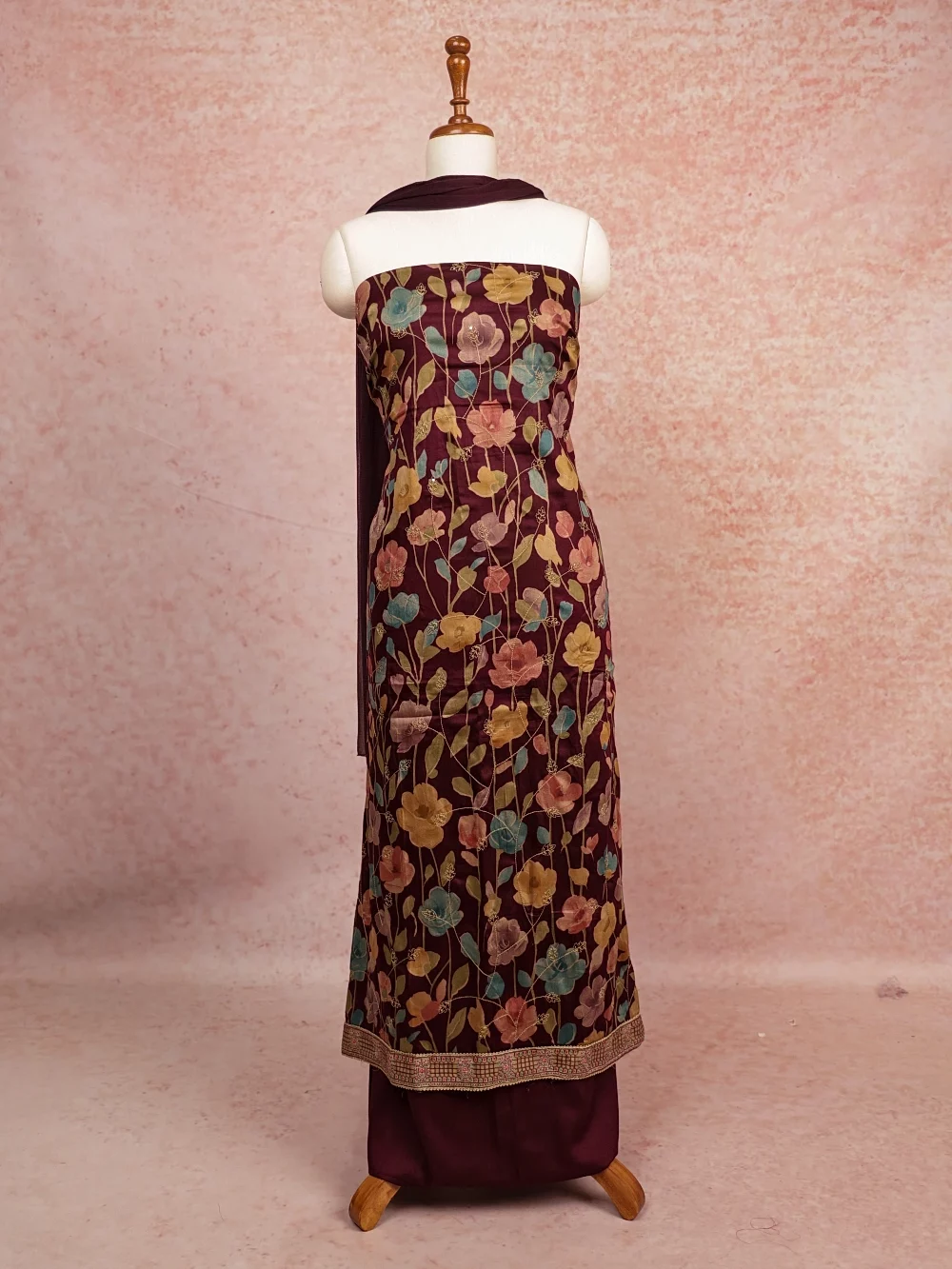 Wine Red Cotton Printed With Thread Work Unstitched Churidhar Material