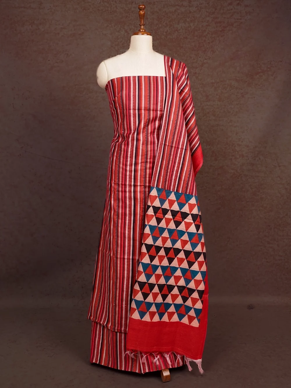 Red Semi Tussar Printed Lines Unstitched Churidhar Material