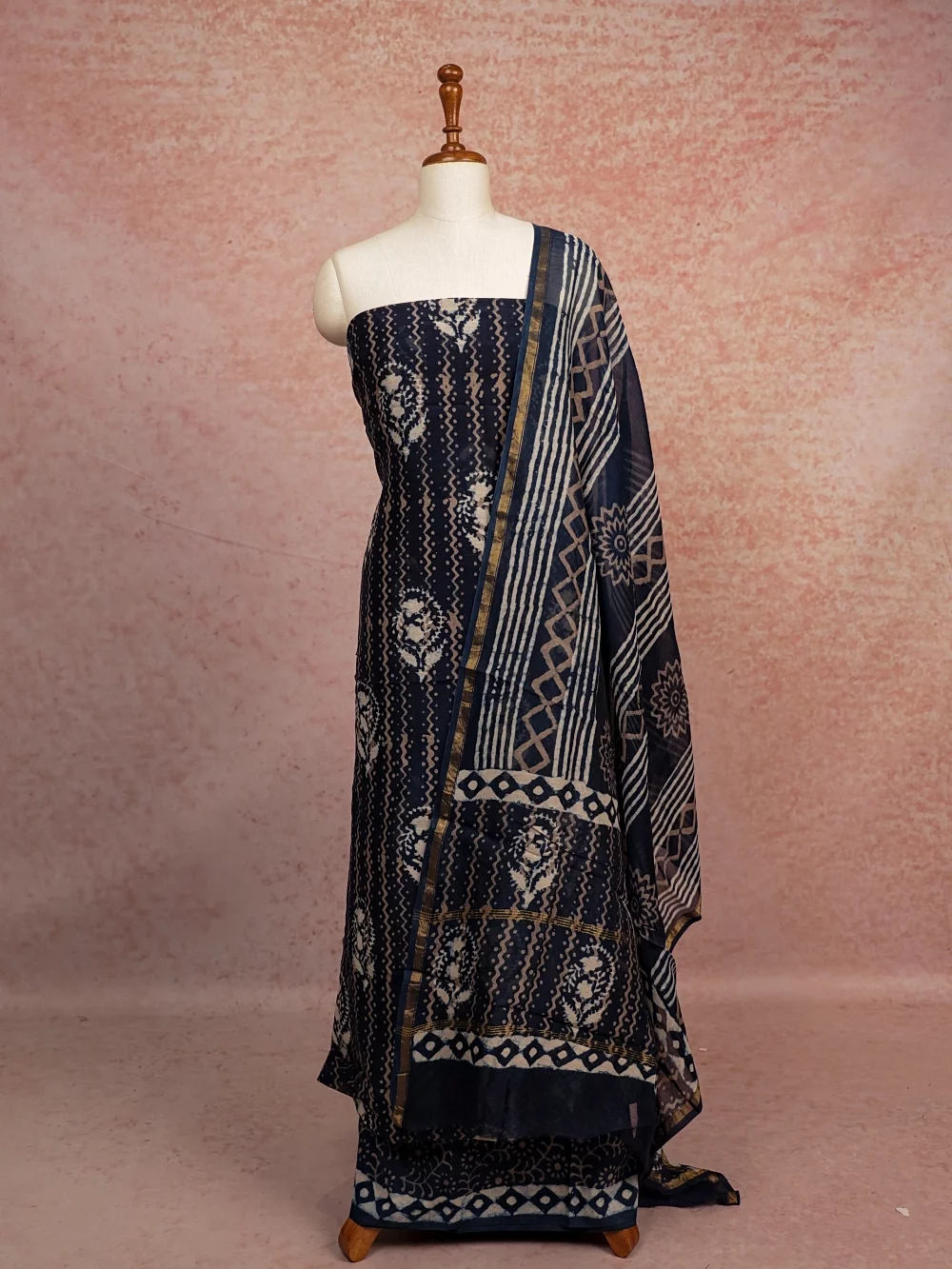 Navy Blue Chanderi Silk Printed Unstitched Churidhar Material