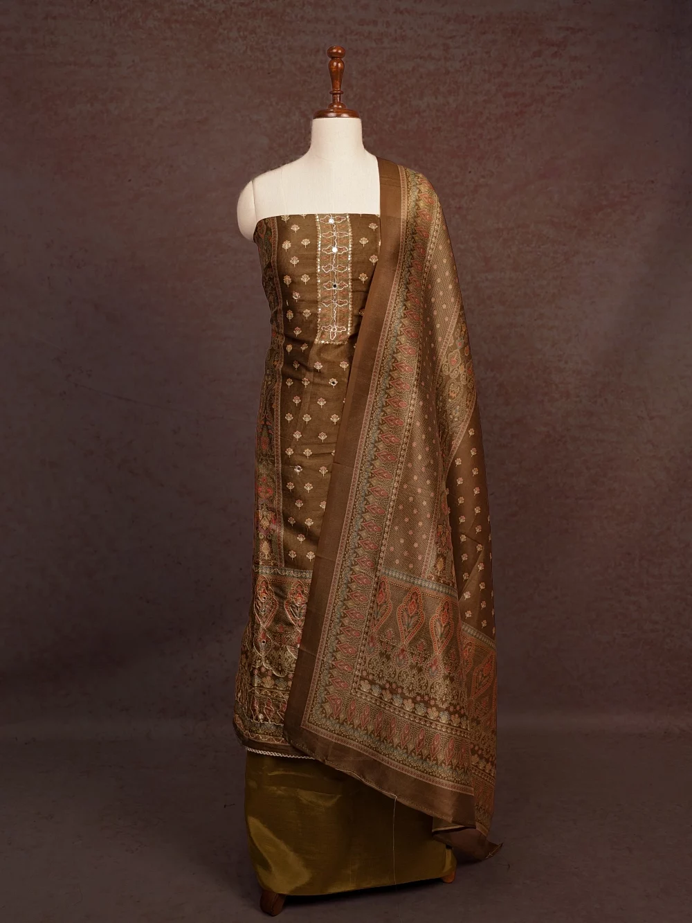 Moss Green Cotton Silk Printed Lines Unstitched Churidhar Material