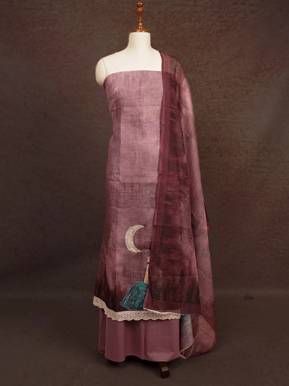 Light Purple Semi Linen Kantha Stiched Unstitched Churidhar Material