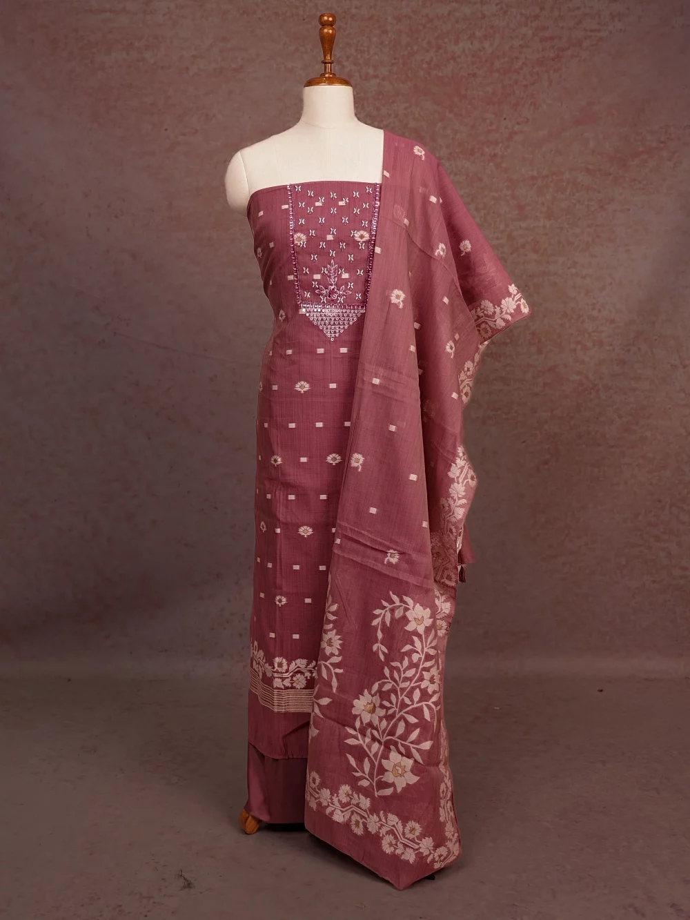 Onion Pink Chanderi Silk Beads Work Unstitched Churidhar Material