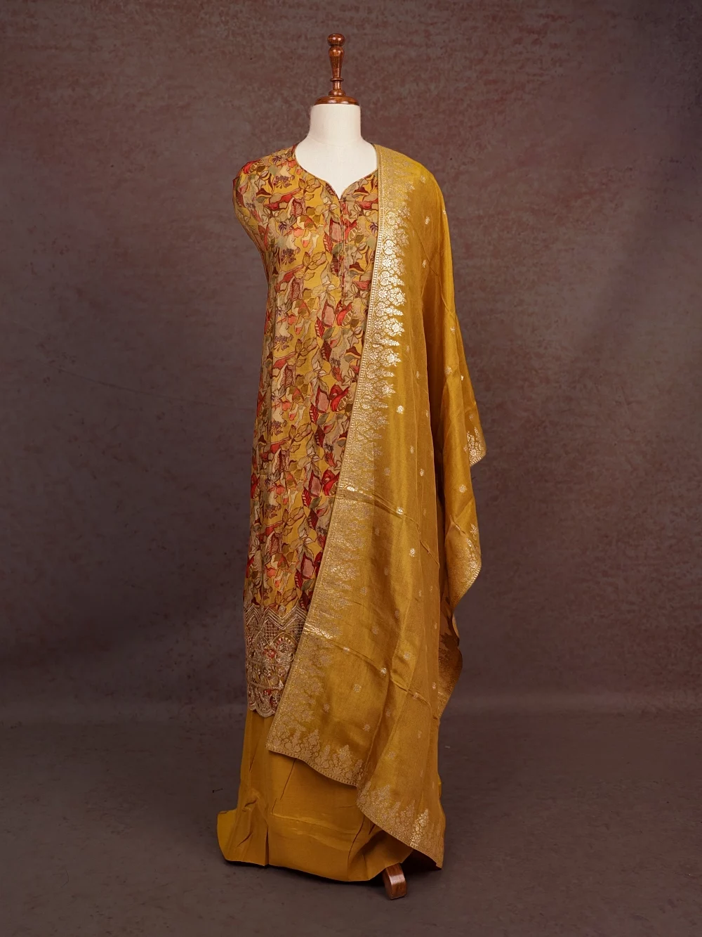Mustard Yellow Organza Printed Unstitched Churidhar Material