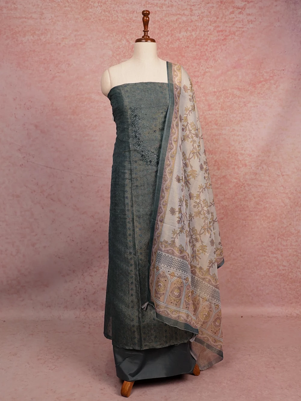 Greyish Blue Tissue Beads Work Unstitched Churidhar Material
