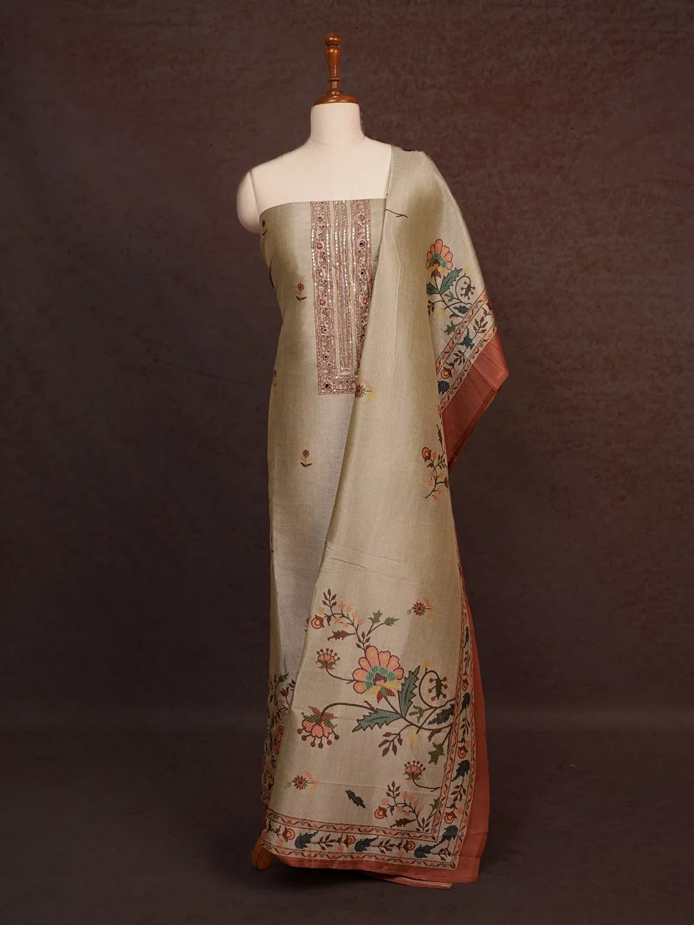 Dark Cream Semi Tussar Printed Unstitched Churidhar Material