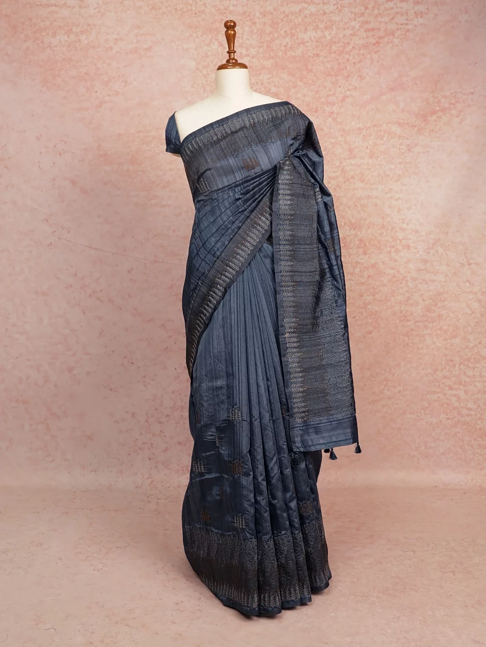 Ash Blue Semi Tussar Saree