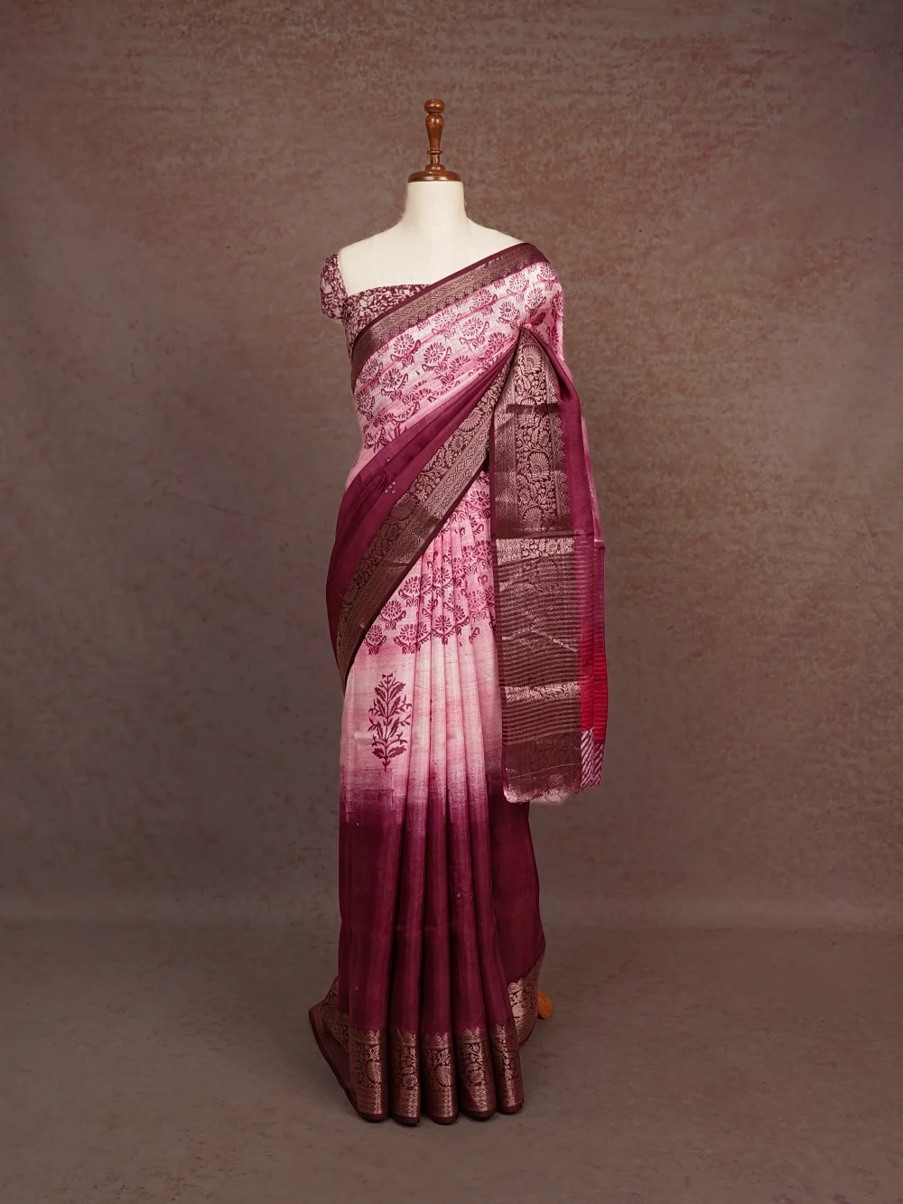 Wine And Pink Semi Tussar Saree