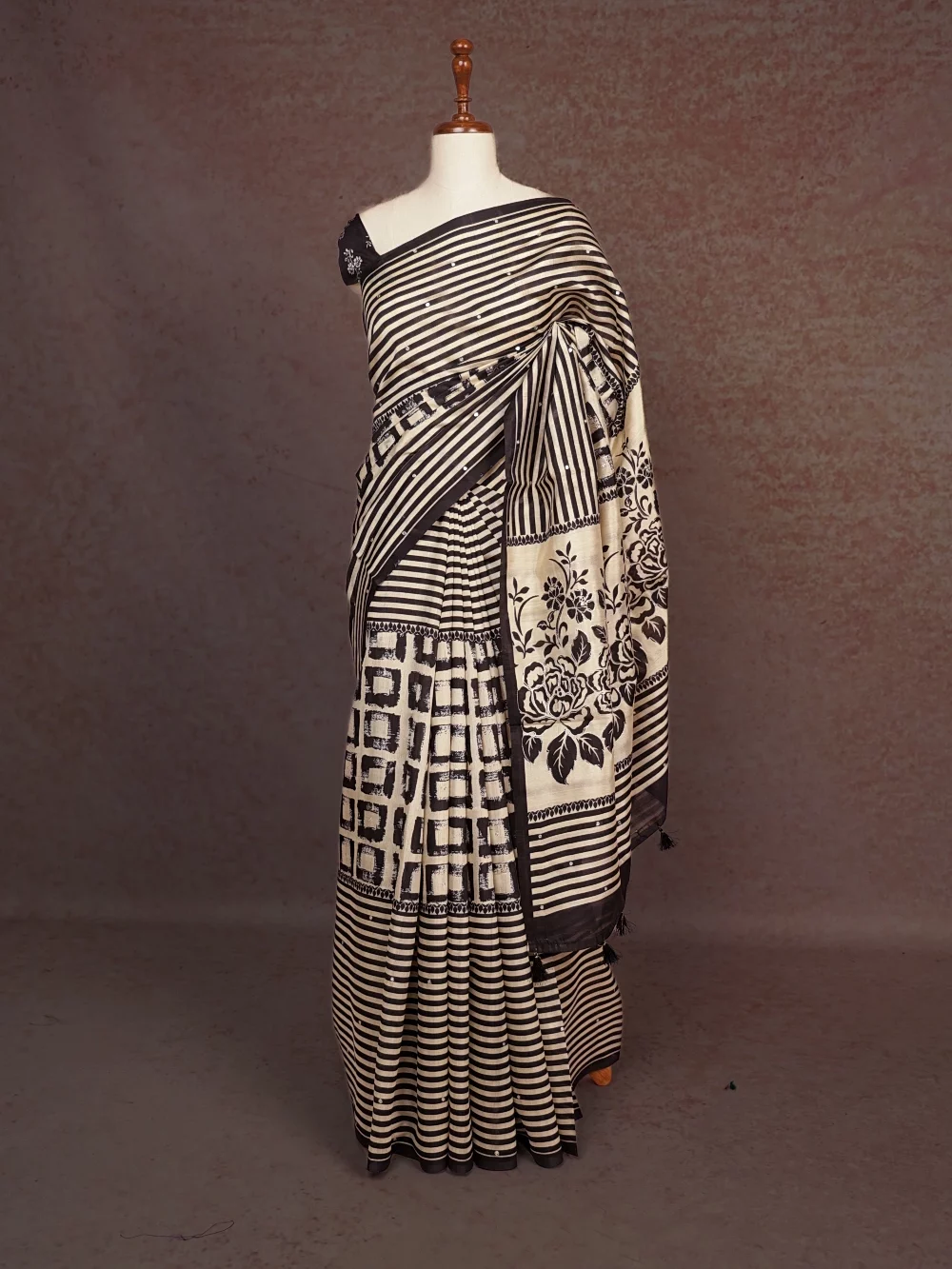 Black With Cream Semi Tussar Saree