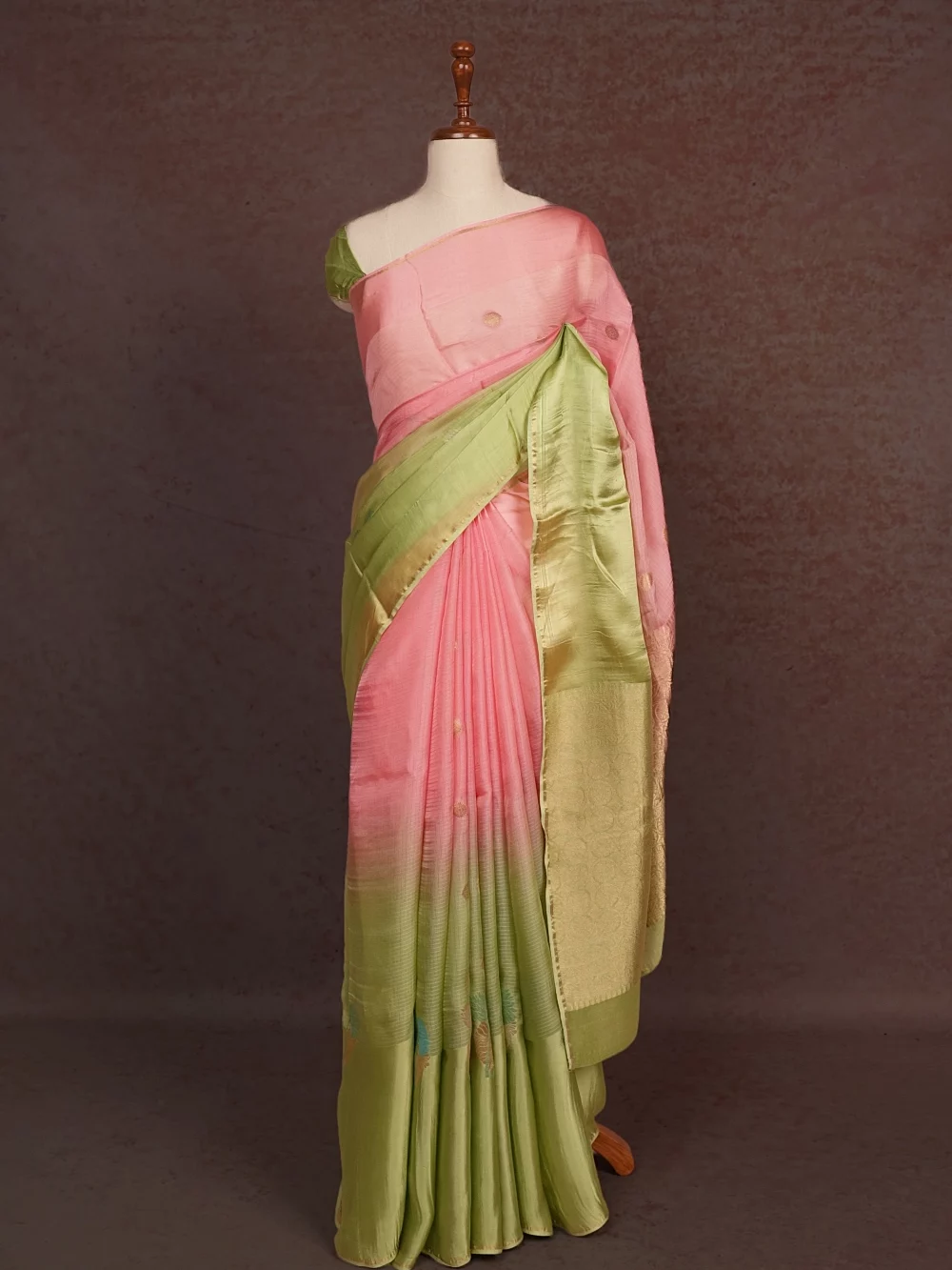 Pastel Green And Pink Semi Chanderi Saree