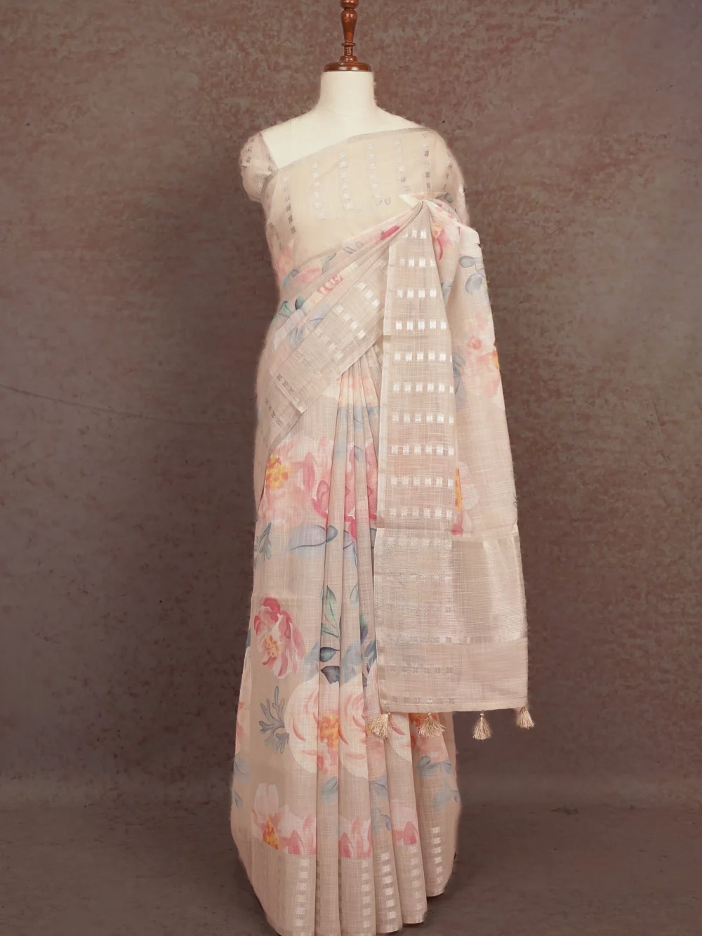 Pastel Peach Semi Linen Saree