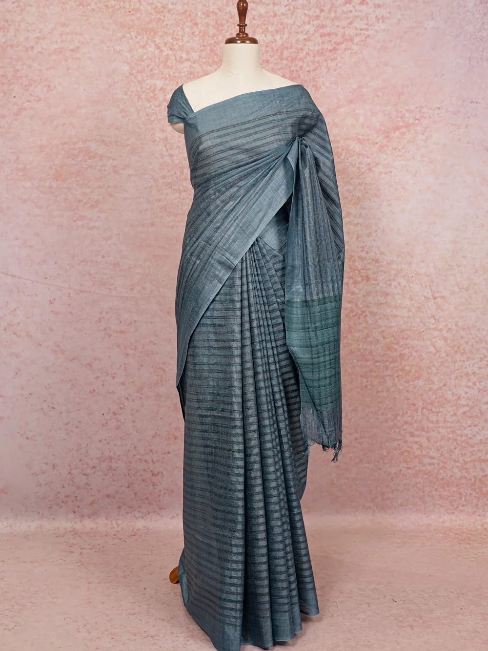 Greyish Blue Tussar Silk Saree
