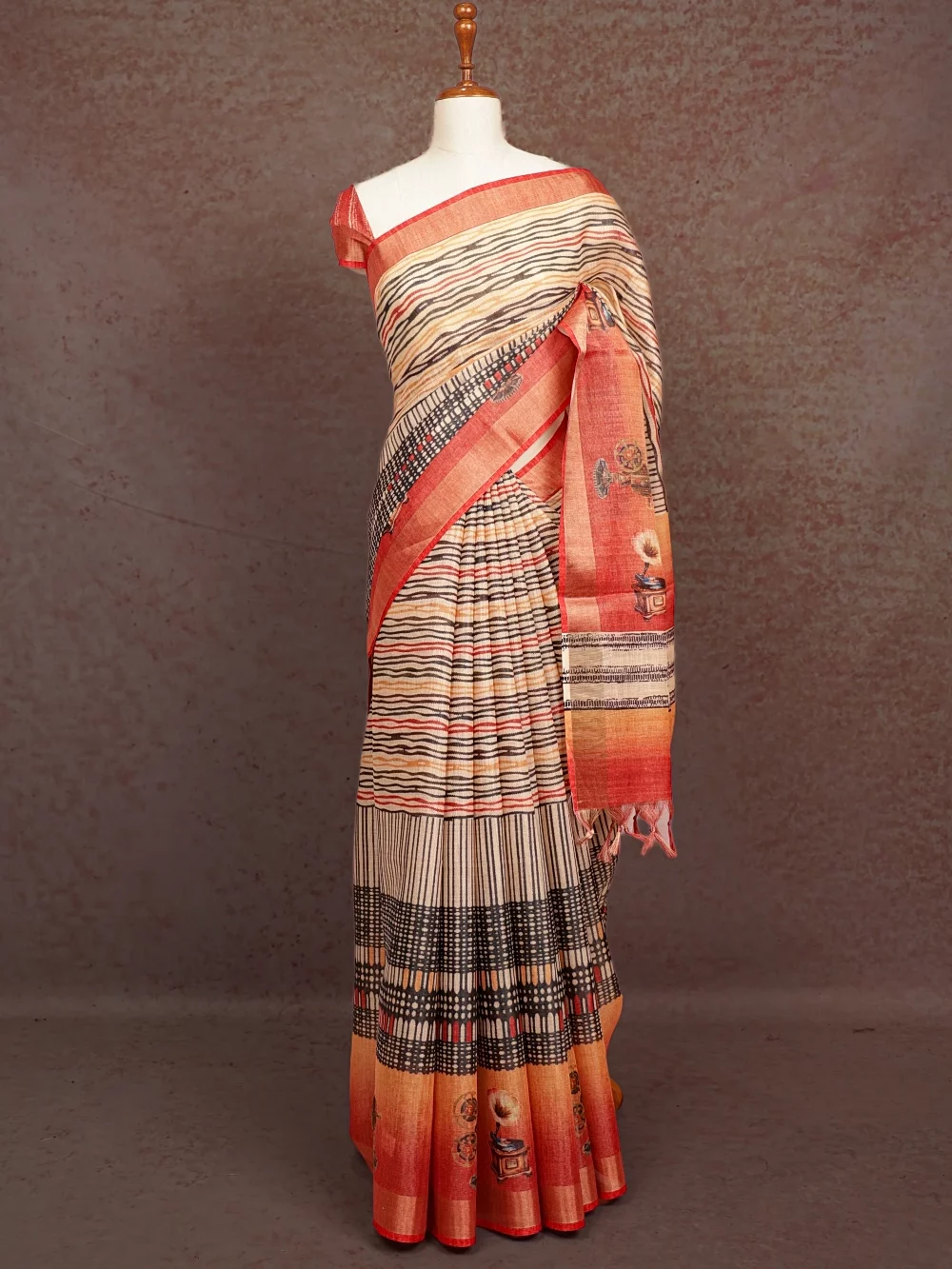 Cream Semi Linen Saree