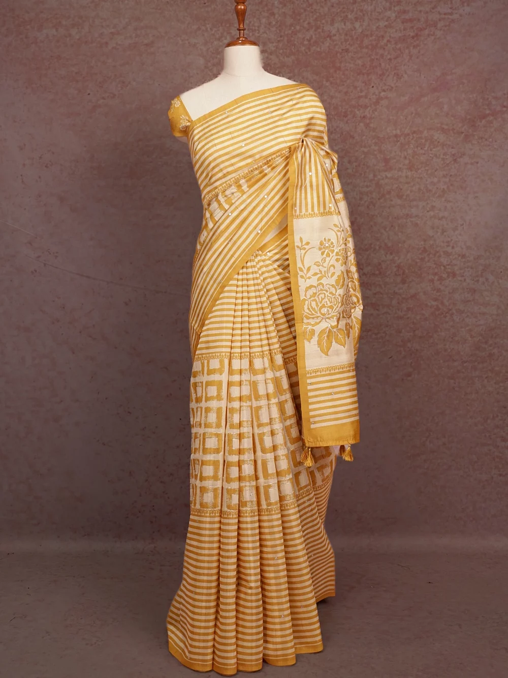 Cream With Yellow Semi Tussar Saree