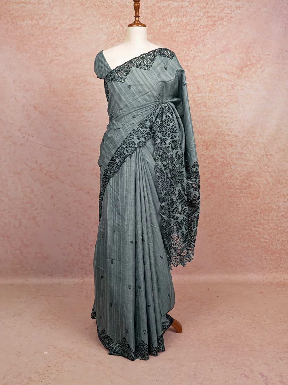 Ash Blue Semi Tussar Saree
