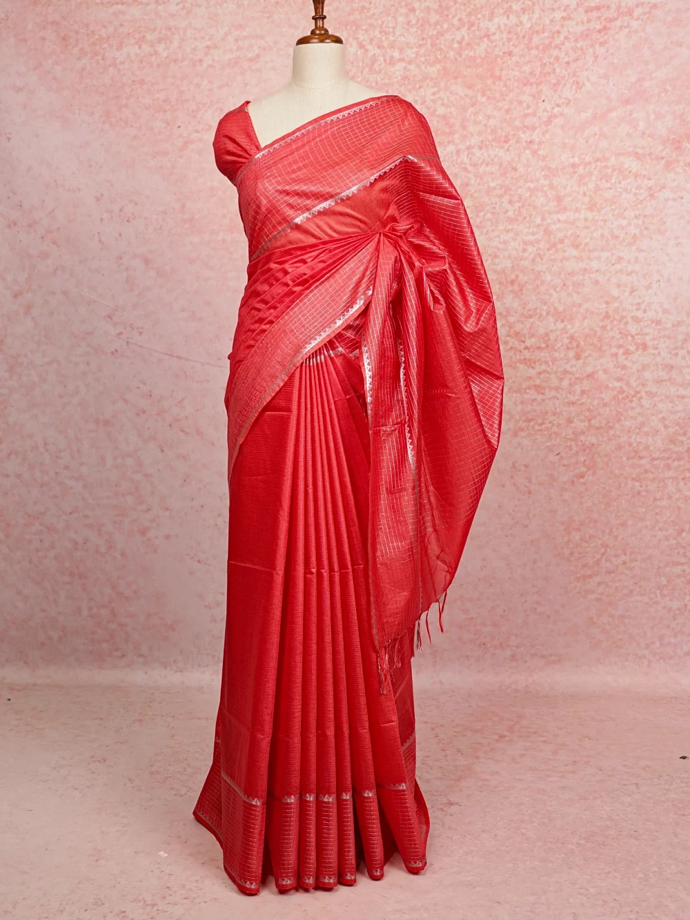 Coral Red Semi Tussar Saree