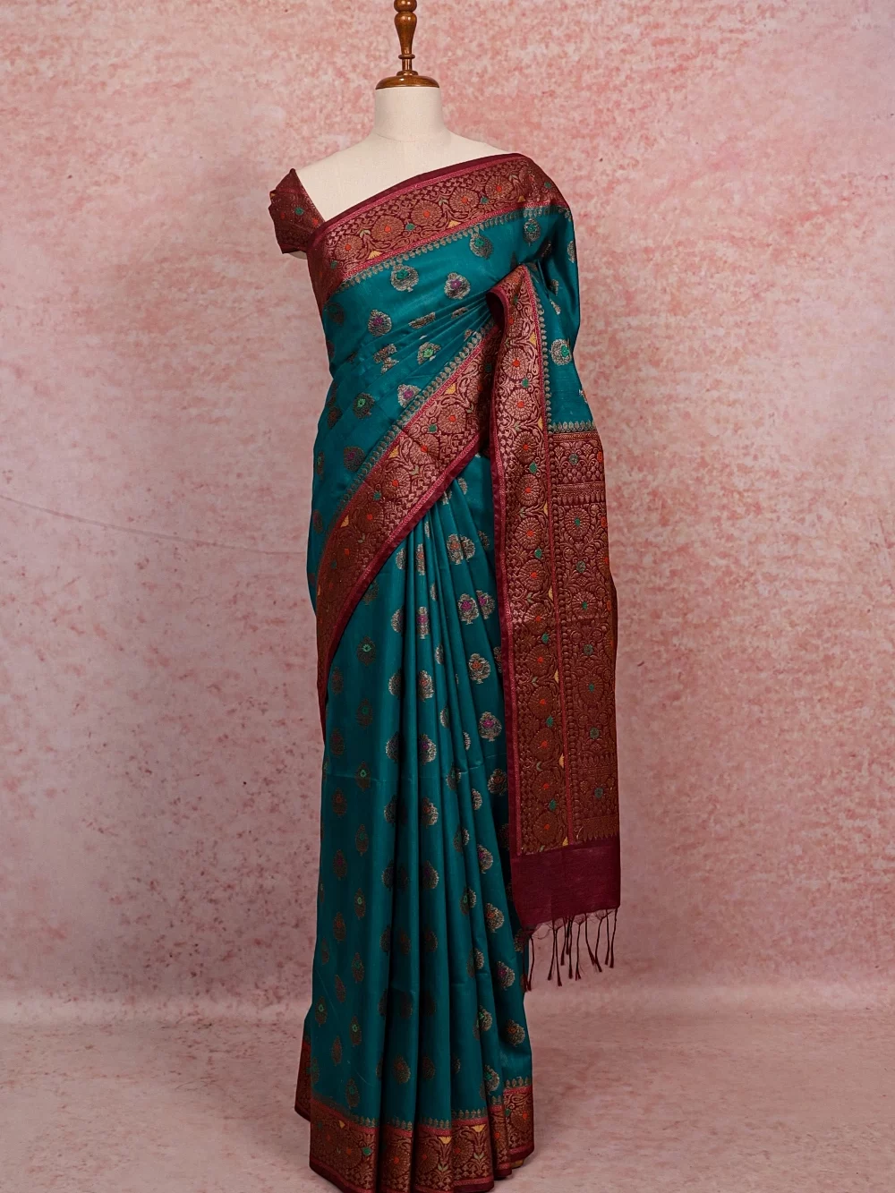 Teal Green Tussar Silk Saree